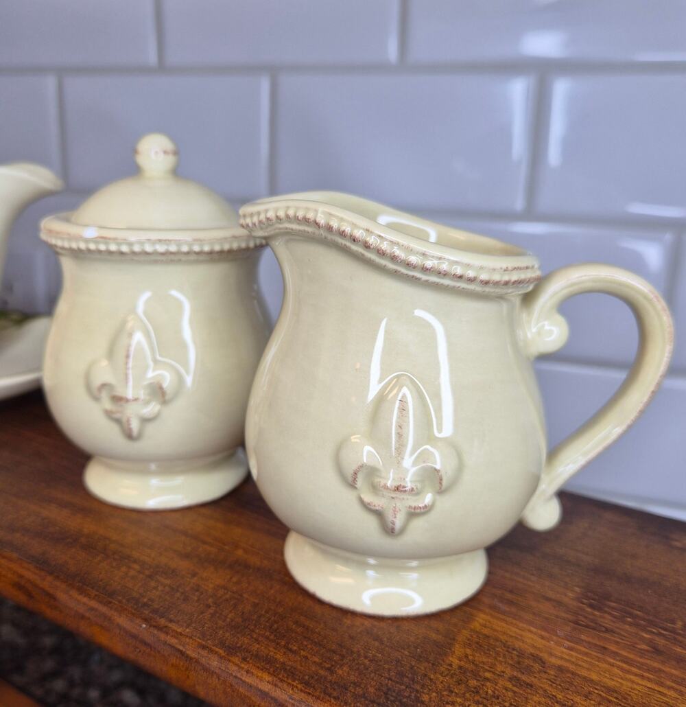 Artimino Fleur De Lis Creamer Sugar Bowl Cream Ceramic French Country Cottage